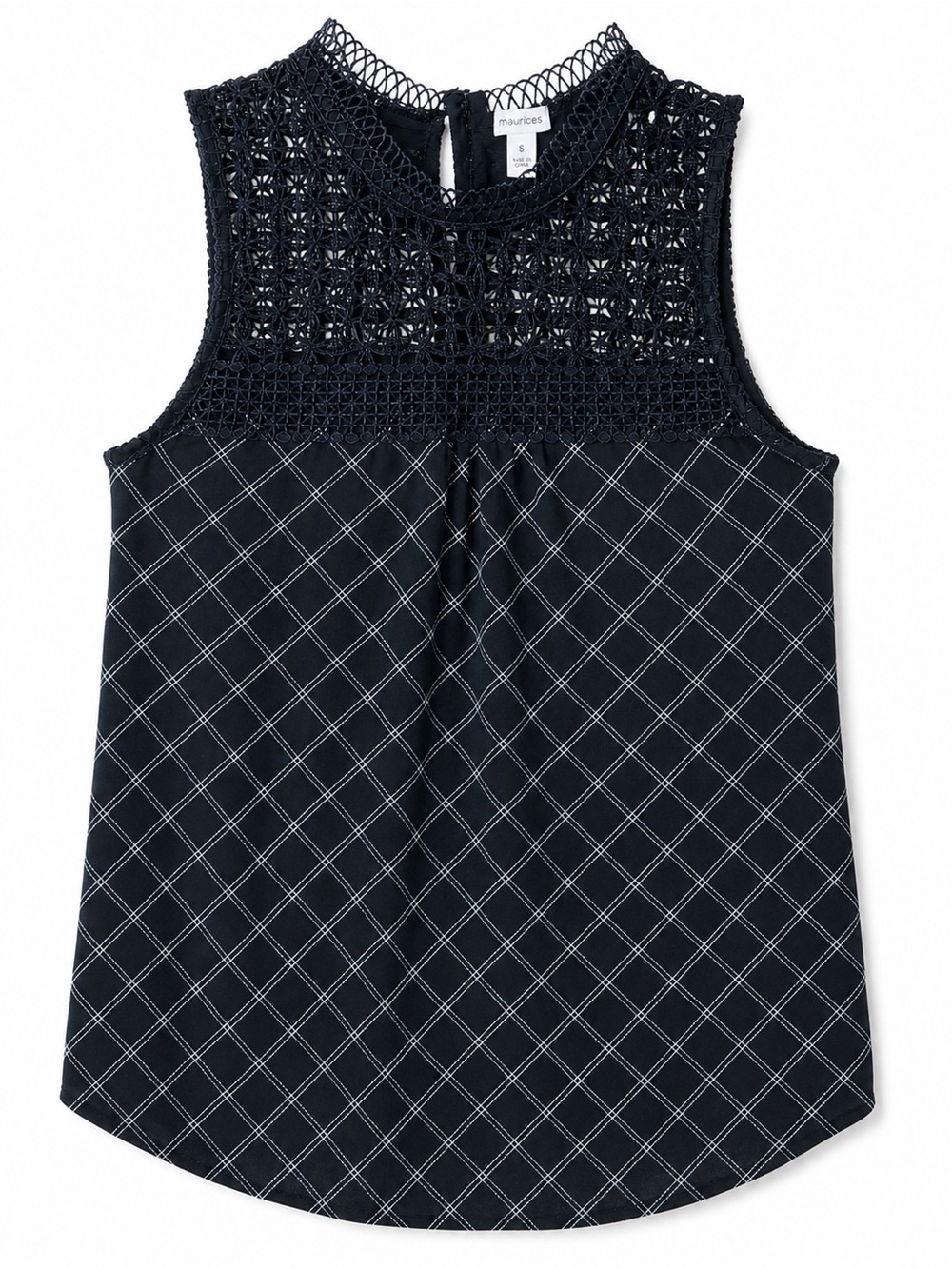 Maurices Plaid Crochet Yoke Sleeveless Blouse Top Lace High Neck Dark Academia